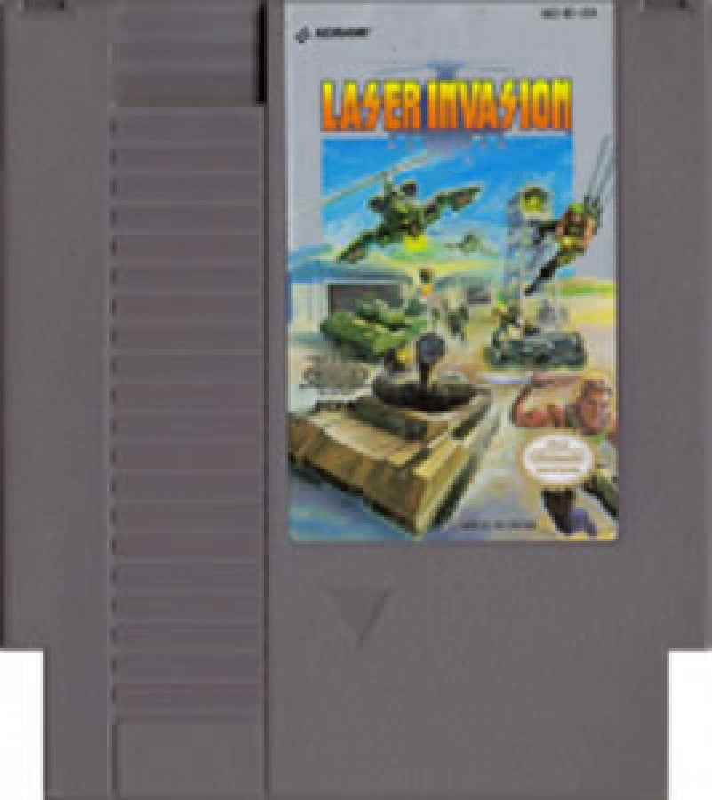 Laser Invasion Nintendo Entertainment System NES video game featuring military action gameplay helicopter combat first person shooting missions vehicle battles enemy attacks strategic objectives and classic 8 bit action retro video game collection collectible gaming appeal cartridge 