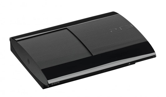 PlayStation 3 Super Slim 120GB console system featuring sleek compact design built-in 120GB hard drive Blu-ray player HDMI output wireless DualShock 3 compatibility and access to classic PS3 games online multiplayer and PlayStation Network entertainment front