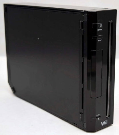 Angled front view of a black Nintendo Wii console standing vertically, highlighting the disc slot and front panel buttons.