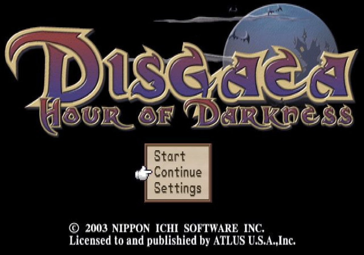 Disgaea Hour of Darkness game for the PlayStation 2 featuring tactical RPG gameplay with grid based battles deep character leveling humorous storylines and over the top mechanics set in the Netherworld starring Laharl and companions gameplay