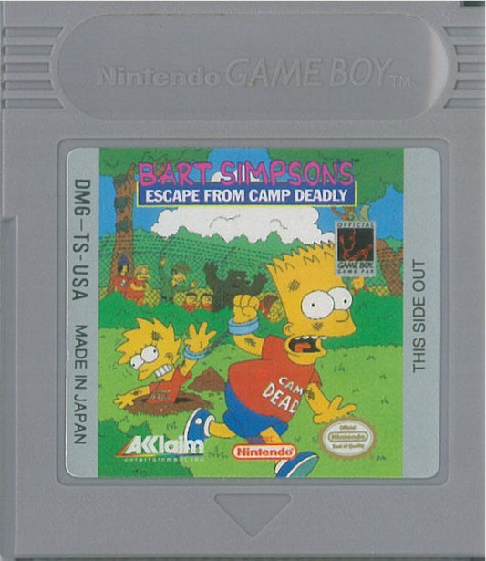 Bart Simpson's Escape from Camp Deadly Nintendo Game Boy GB for action platformer retro video game fans featuring Bart Simpson adventure side scrolling gameplay camp exploration cartoon inspired challenges enemy encounters classic handheld gaming collectible gaming appeal cartridge