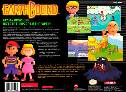 EarthBound SNES Super Nintendo game classic RPG adventure Nintendo retro video game cartridge collectible rare cult favorite turn based role playing game for SNES console back cover art