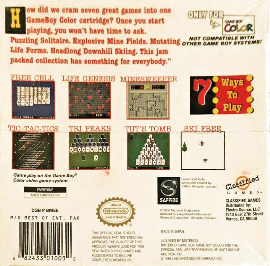 Microsoft The Best of Entertainment Pack for Game Boy Color, back of case for a puzzle and strategy video game collection with classic mini-games, logic challenges, and casual gameplay modes