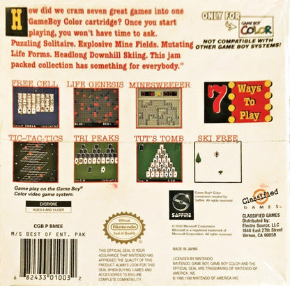 Microsoft The Best of Entertainment Pack for Game Boy Color, back of case for a puzzle and strategy video game collection with classic mini-games, logic challenges, and casual gameplay modes