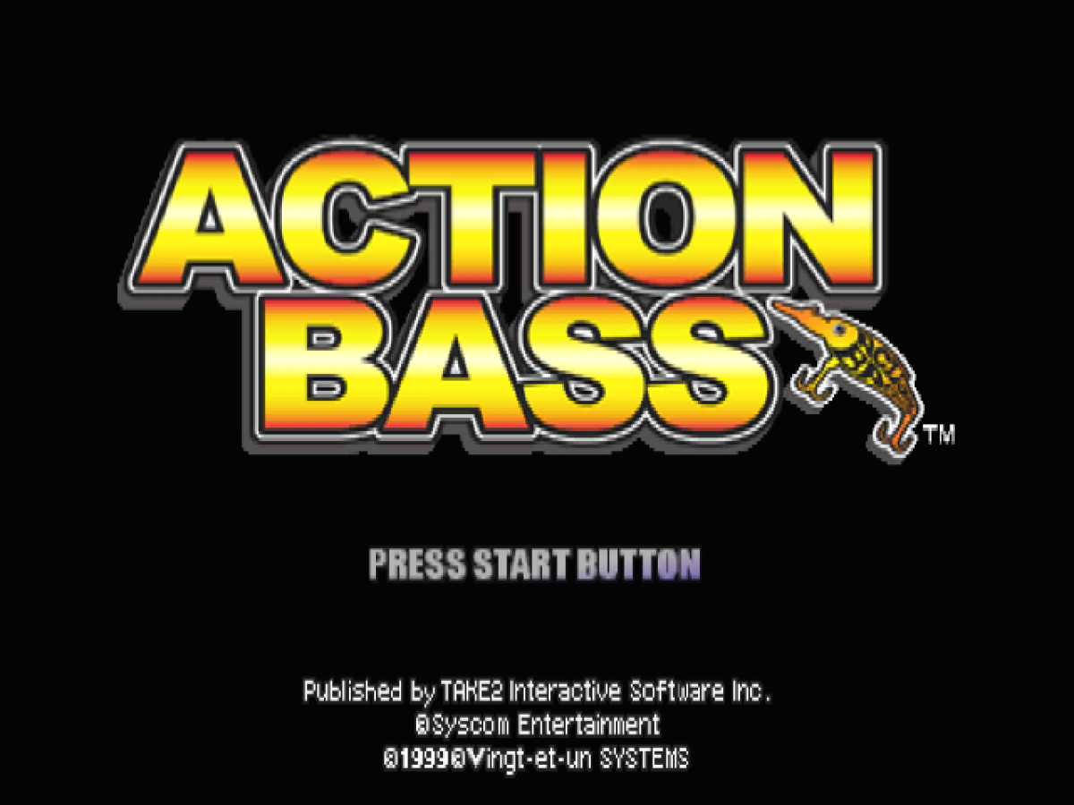 Action Bass PlayStation 1 PS1 video game, fishing simulation, tournament-style bass fishing gameplay, classic console title main menu title screen