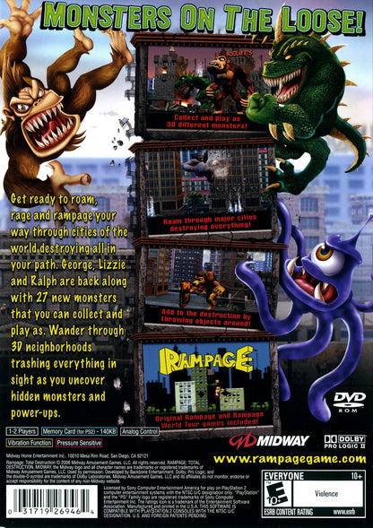 Rampage Total Destruction PS2 Sony PlayStation 2 arcade action game monster destruction city smashing gameplay cooperative multiplayer classic Rampage creatures giant monster rampaging buildings vehicles retro gaming PlayStation 2 software video game title back cover art
