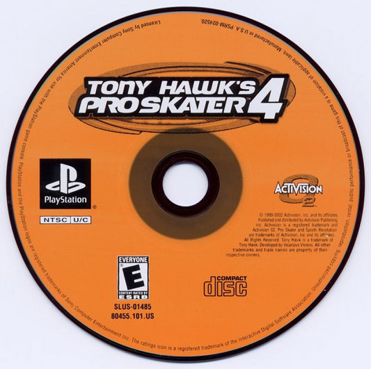 Tony Hawk’s Pro Skater 4 disc art for PlayStation 1 PS1 video game, skateboarding sports action, trick-based gameplay, classic extreme sports title