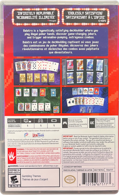 Balatro Nintendo Switch inspired design featuring roguelike deck building card game aesthetic strategic poker inspired mechanics powerful joker combinations score chasing progression addictive indie gameplay stylish modern presentation back art 