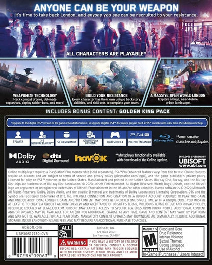 Watch Dogs Legion PS4 inspired design featuring open world hacking action aesthetic futuristic London setting resistance movement gameplay advanced surveillance technology recruit anyone mechanics cyberpunk inspired urban adventure cinematic Ubisoft presentation back cover 