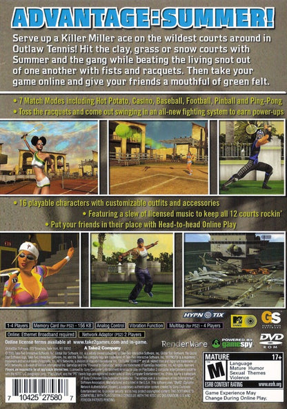 Outlaw Tennis – PlayStation 2 (PS2) video game back of case, comedic tennis sports simulation game.