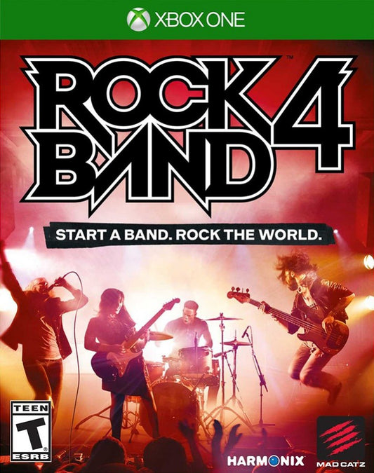 Rock Band 4 Not for Resale Xbox One cover art for a music rhythm party game, featuring a live rock band performing on stage with guitar, bass, drums, singer, bright concert lights, and a cheering crowd.