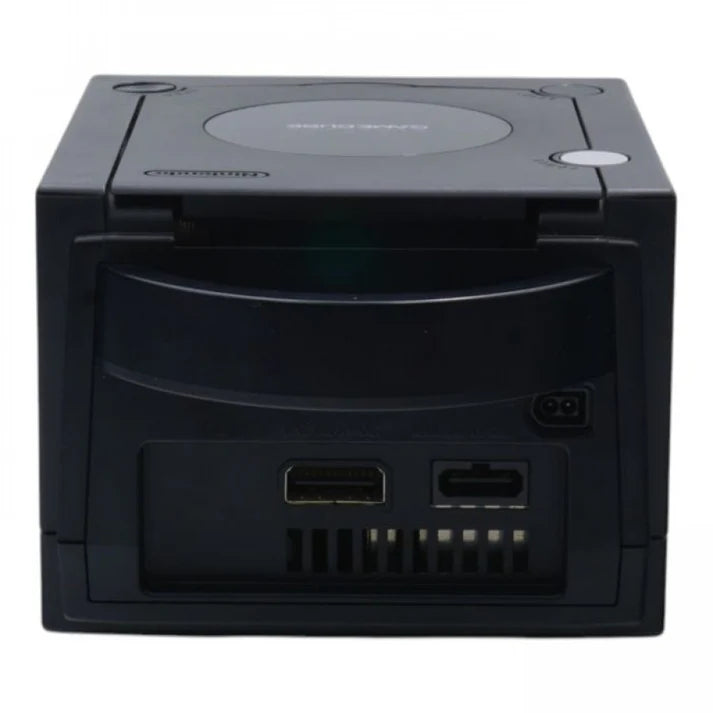 Rear view of a black Nintendo GameCube console showing power input, AV output, digital output port, and ventilation grille.