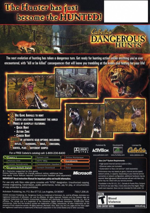Cabela's Dangerous Hunts back cover art for Xbox (XBOX) video game
