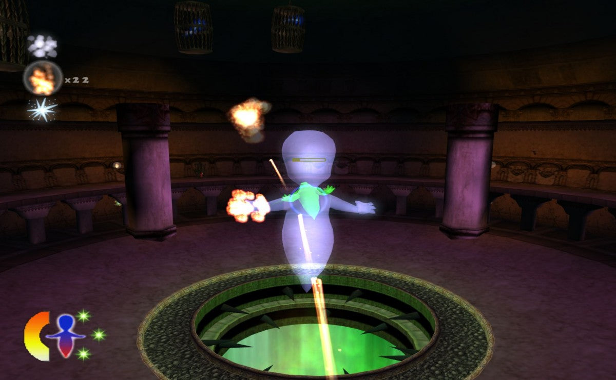 Casper Spirit Dimensions PS2 Sony PlayStation 2 platformer adventure game Casper the Friendly Ghost 3D platforming puzzle solving exploration kids family game spooky themed levels classic retro gaming PlayStation 2 software video game title gameplay