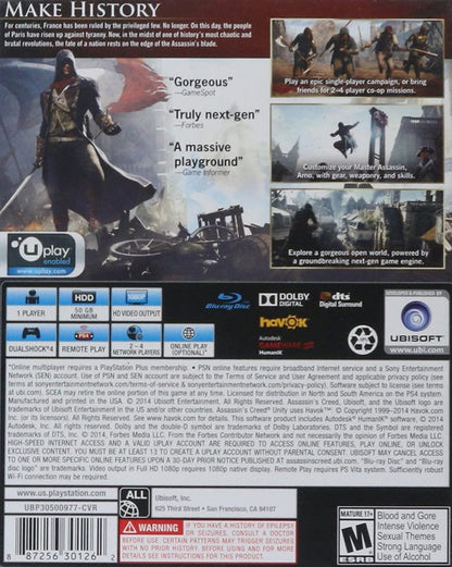 Assassin’s Creed: Unity PlayStation 4 (PS4) video game back of case open world action adventure
