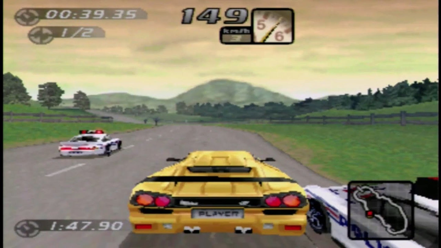 Need for Speed High Stakes game for the PlayStation featuring arcade style racing gameplay with exotic cars police pursuits career progression damage modeling and high risk betting mechanics across varied tracks and race modes gameplay
