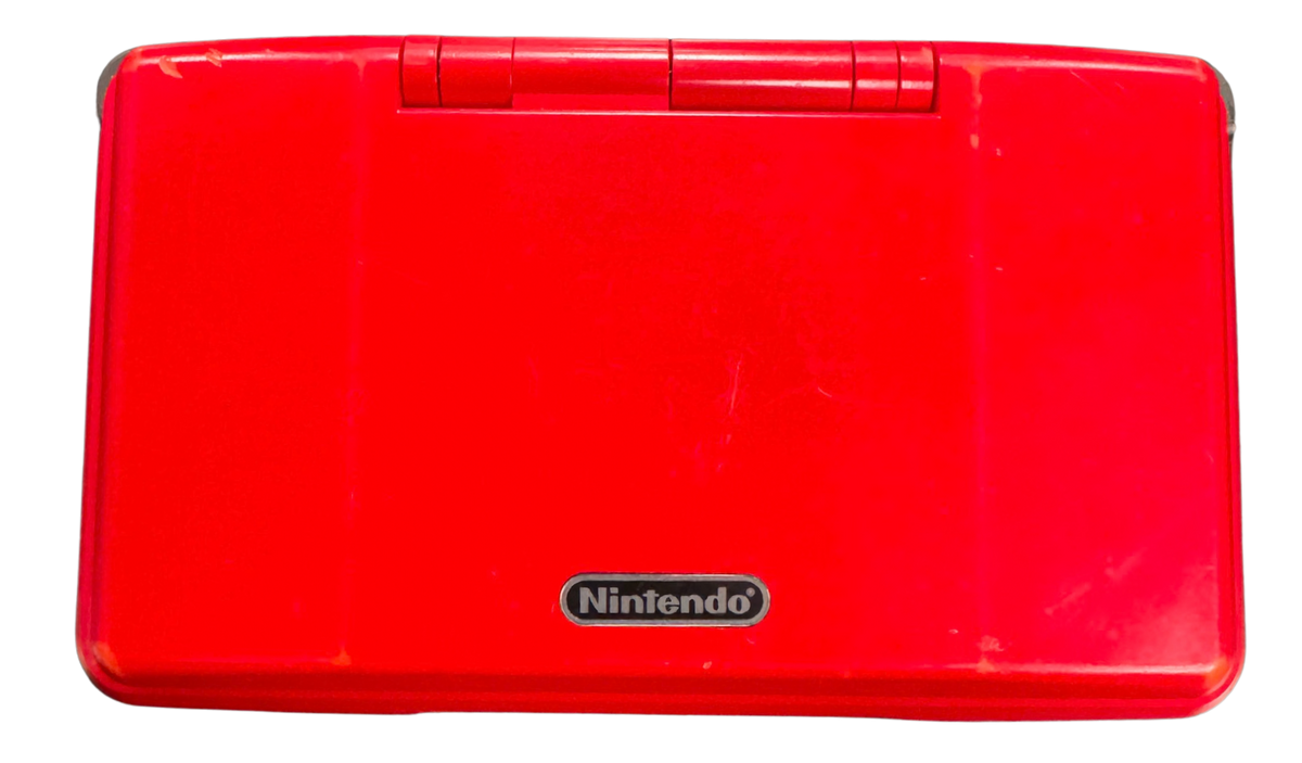 Nintendo DS Mario Kart Red Handheld Console Scratch and Scuff Condition featuring classic Nintendo DS dual screen design red Mario Kart themed exterior portable gaming system touchscreen controls Nintendo handheld gaming hardware collectible console design and retro gaming collection appeal closed