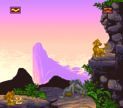 Disney's The Lion King Super Nintendo Entertainment System SNES video game featuring action platforming gameplay Simba adventure Pride Lands exploration enemy encounters obstacle courses power ups challenging stages and classic 16 bit Nintendo gameplay retro video game collection collectible gaming appeal gameplay