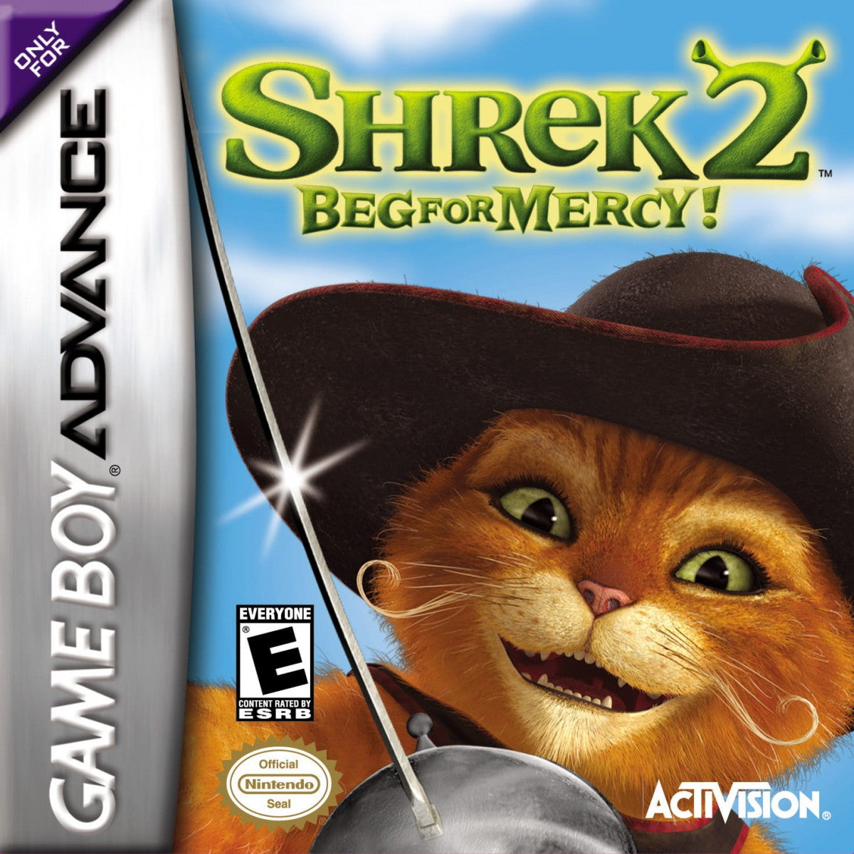 Shrek 2 Beg for Mercy for Game Boy Advance (GBA), cover image for a retro video game featuring action platforming gameplay, character-based combat, side-scrolling levels, and movie-inspired adventure challenges