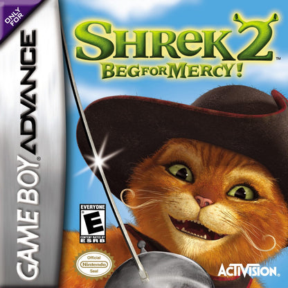 Shrek 2 Beg for Mercy for Game Boy Advance (GBA), cover image for a retro video game featuring action platforming gameplay, character-based combat, side-scrolling levels, and movie-inspired adventure challenges