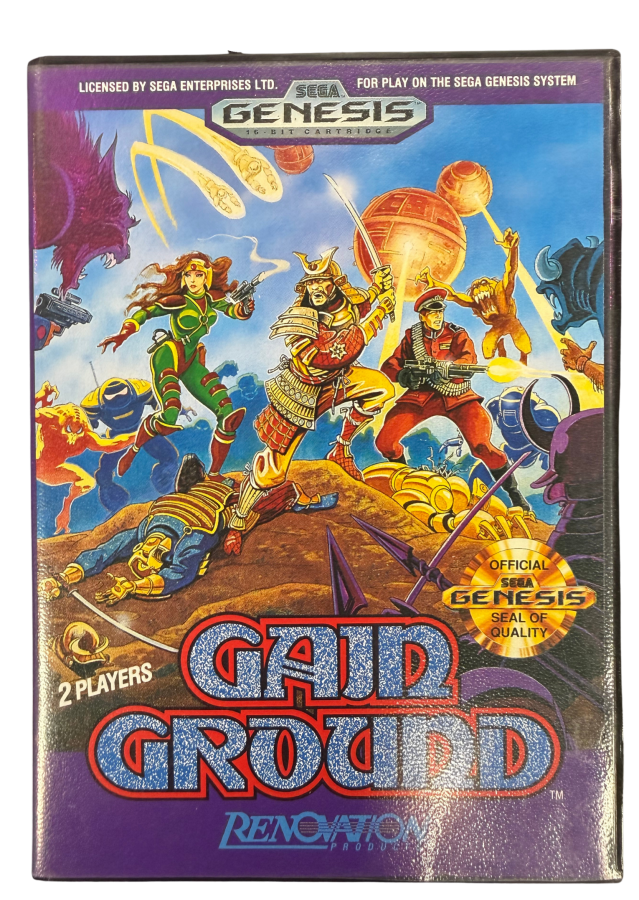 Gain Ground Sega Genesis GEN for arcade action strategy video game fans featuring tactical combat multiple playable warriors enemy battles challenging stages cooperative multiplayer strategic positioning and classic Sega arcade gameplay collectible retro Genesis gaming appeal cover art