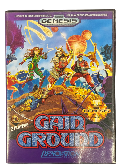 Gain Ground Sega Genesis GEN for arcade action strategy video game fans featuring tactical combat multiple playable warriors enemy battles challenging stages cooperative multiplayer strategic positioning and classic Sega arcade gameplay collectible retro Genesis gaming appeal cover art