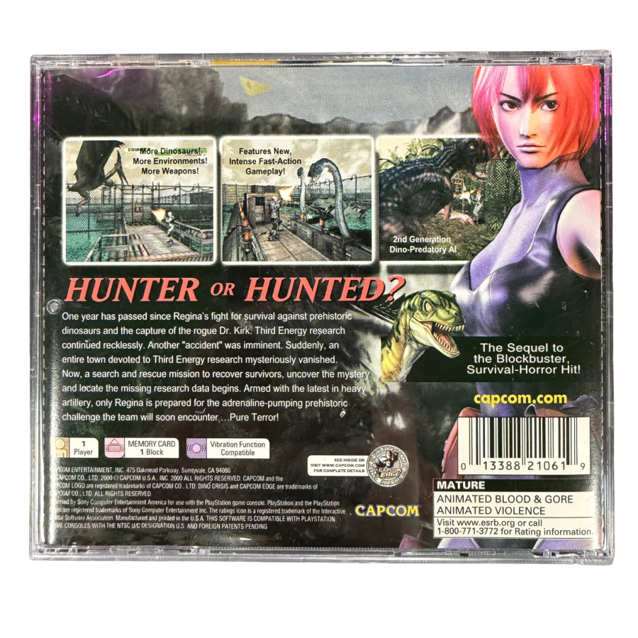 Dino Crisis 2 PlayStation PS1 for survival horror action video game fans featuring Regina and Dylan dinosaur combat prehistoric enemies fast paced shooting gameplay weapon upgrades jungle environments challenging missions and intense Capcom survival adventure collectible retro PlayStation gaming appeal back cover art