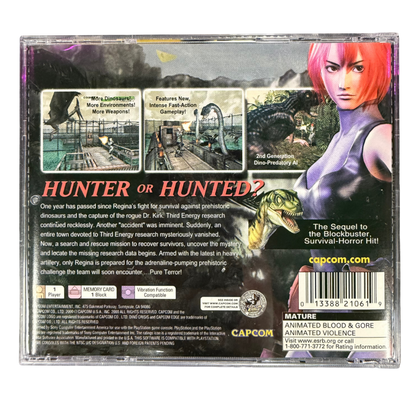 Dino Crisis 2 PlayStation PS1 for survival horror action video game fans featuring Regina and Dylan dinosaur combat prehistoric enemies fast paced shooting gameplay weapon upgrades jungle environments challenging missions and intense Capcom survival adventure collectible retro PlayStation gaming appeal back cover art