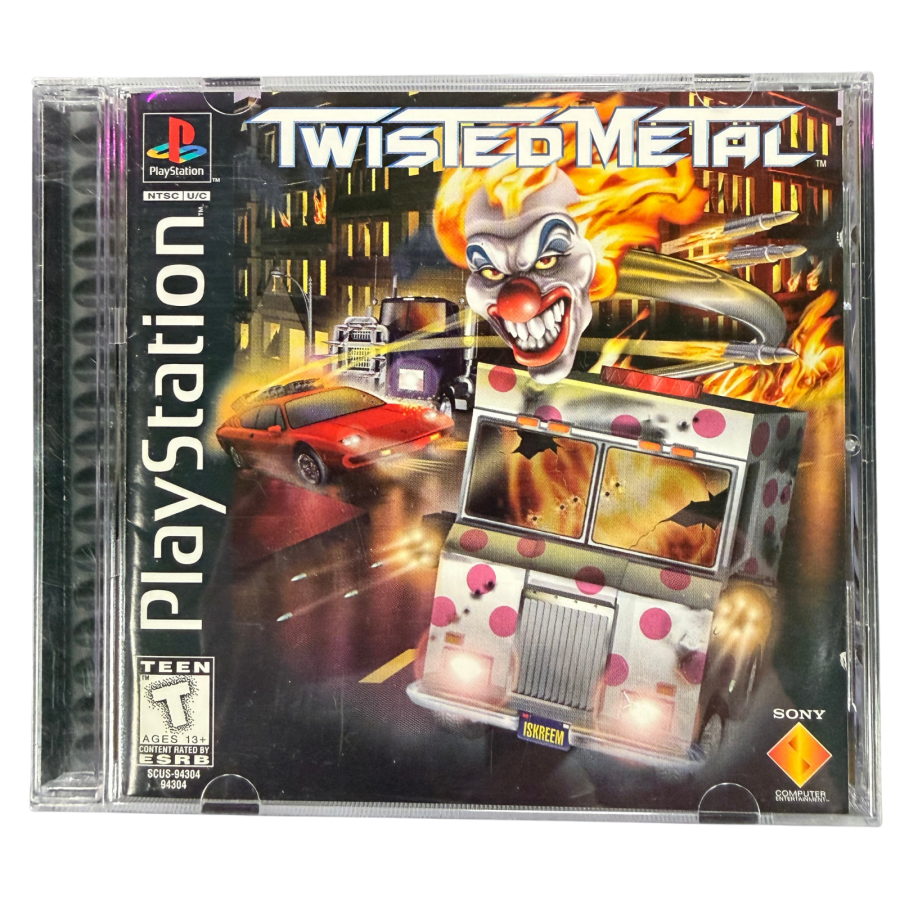 Twisted Metal PlayStation PS1 for vehicular combat video game fans featuring armed vehicles intense arena battles destructive weapons explosive combat unique drivers challenging opponents and classic PlayStation action gameplay collectible retro gaming appeal cover art