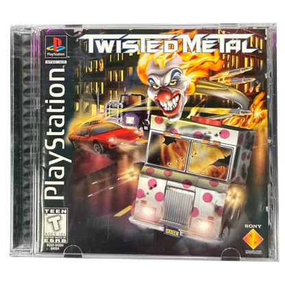 Twisted Metal PlayStation PS1 for vehicular combat video game fans featuring armed vehicles intense arena battles destructive weapons explosive combat unique drivers challenging opponents and classic PlayStation action gameplay collectible retro gaming appeal cover art