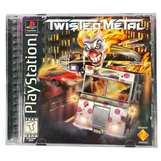 Twisted Metal PlayStation PS1 for vehicular combat video game fans featuring armed vehicles intense arena battles destructive weapons explosive combat unique drivers challenging opponents and classic PlayStation action gameplay collectible retro gaming appeal cover art
