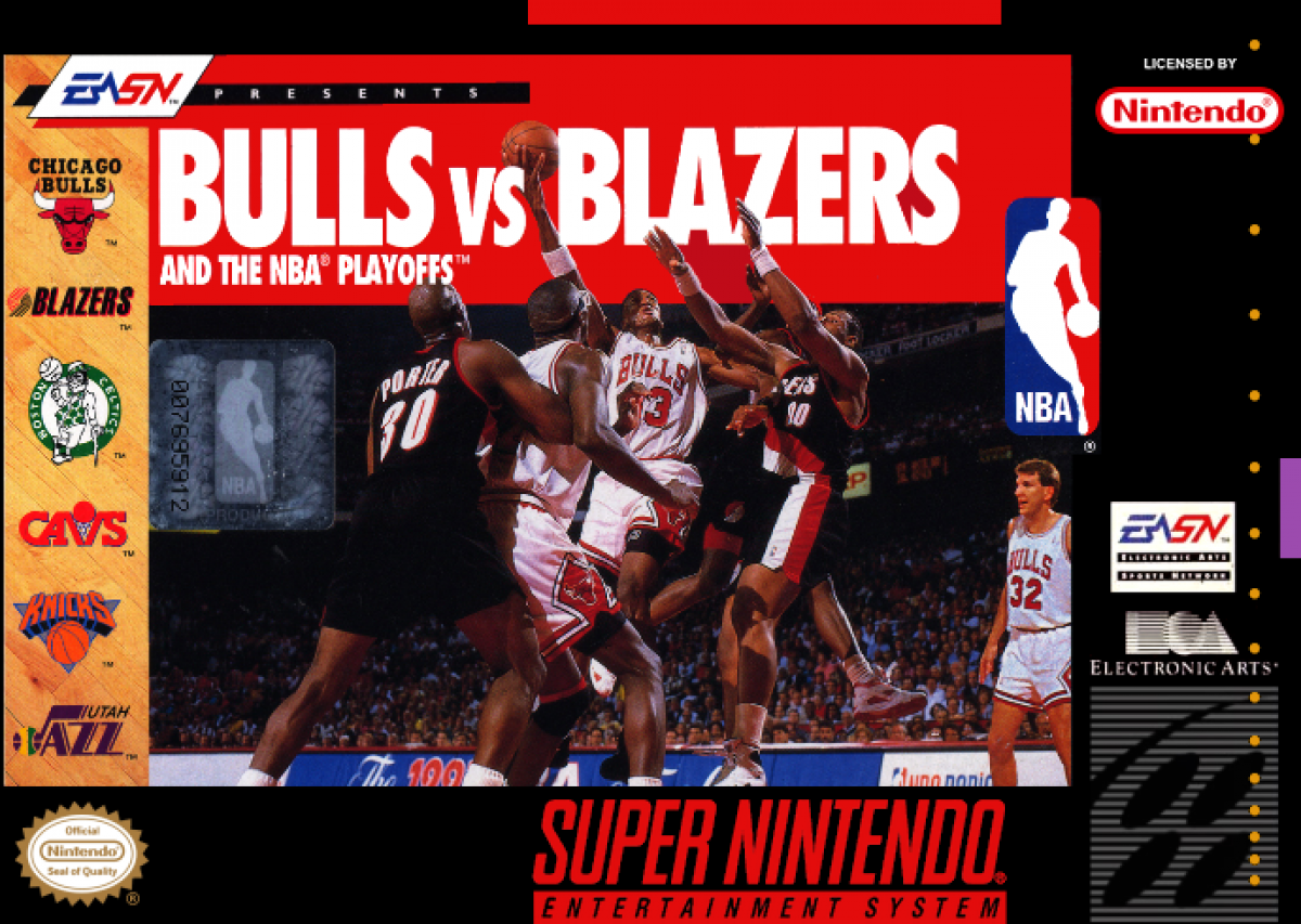 Bulls vs Blazers and the NBA Playoffs cover art for Super Nintendo Entertainment System SNES video game