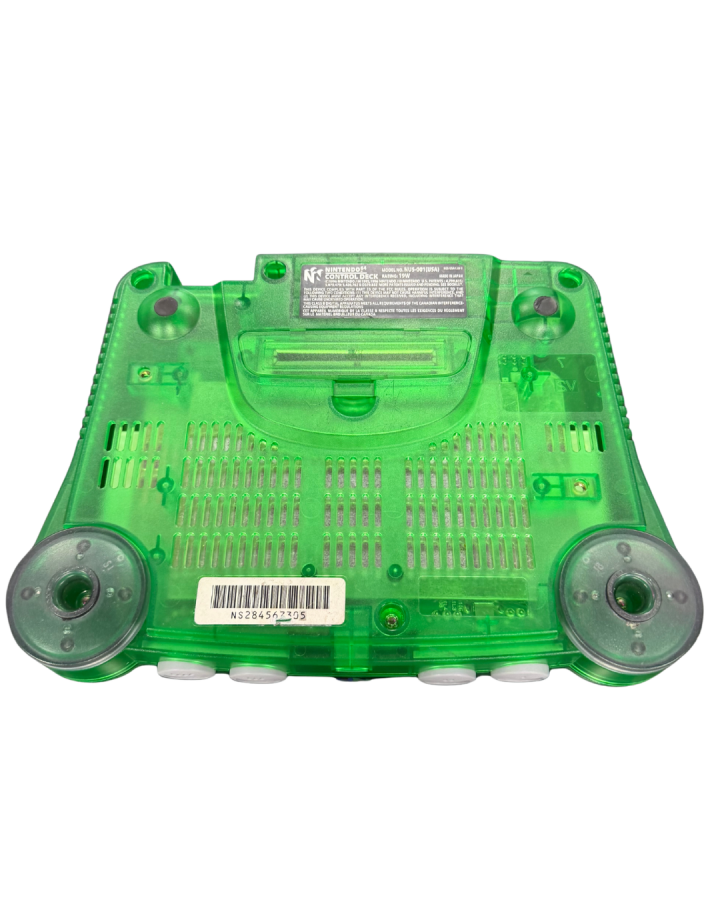 Nintendo 64 Jungle Green console featuring the translucent green clamshell design standard N64 hardware with cartridge slot, four controller ports, and compatible with classic N64 games