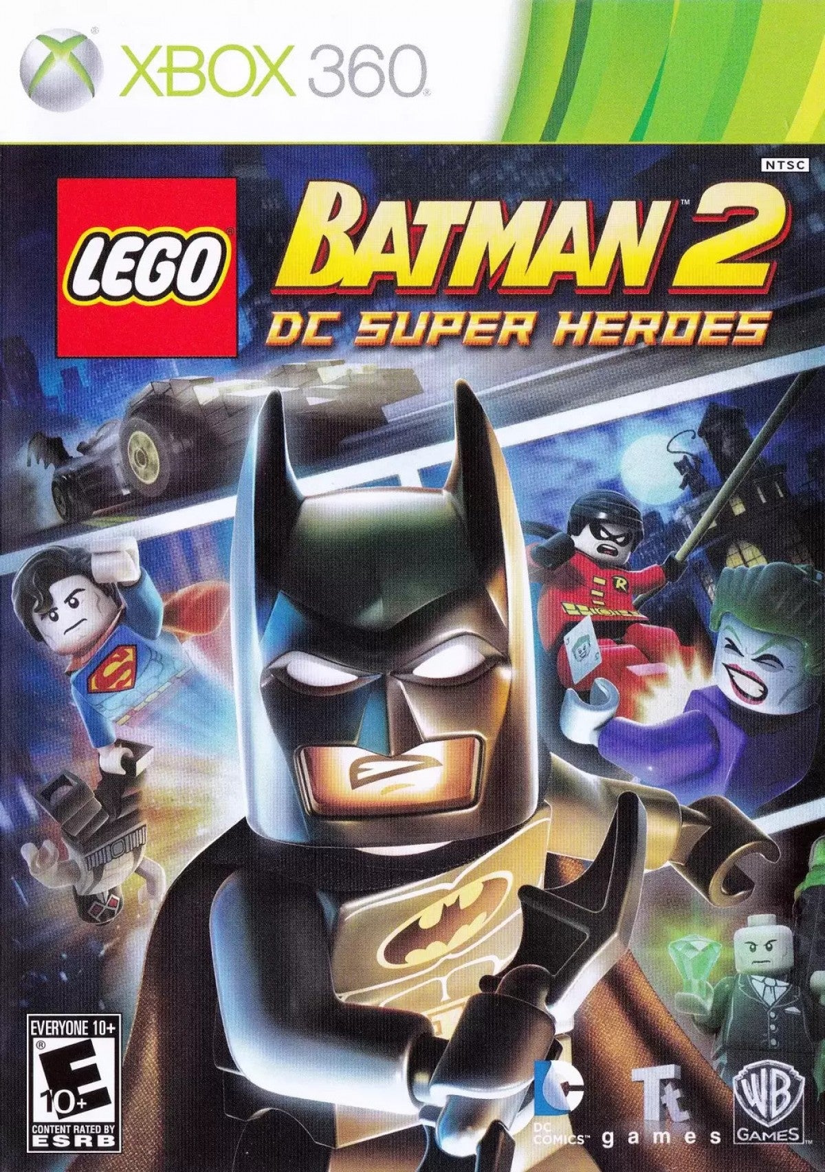 LEGO Batman 2: DC Super Heroes for Xbox 360 action adventure video game featuring cooperative gameplay, LEGO styled levels, iconic DC characters, and family friendly superhero missions experience cover art