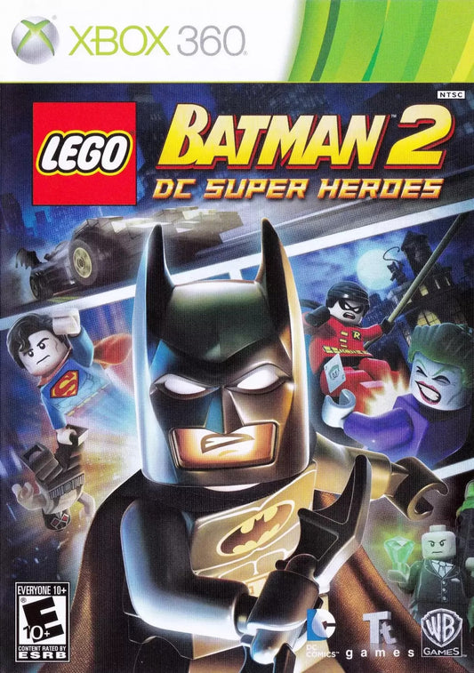 LEGO Batman 2: DC Super Heroes for Xbox 360 action adventure video game featuring cooperative gameplay, LEGO styled levels, iconic DC characters, and family friendly superhero missions experience cover art