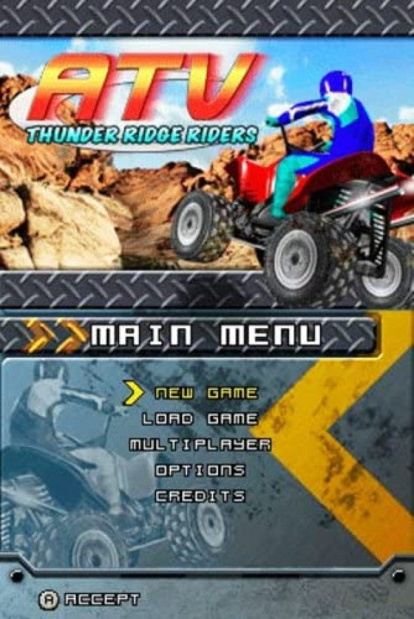 ATV Thunder Ridge Riders and Monster Truck Mayhem for Nintendo DS (DS), title screen for a retro video game featuring off-road racing gameplay, ATV and monster truck challenges, stunt-based competitions, and arcade-style vehicular action