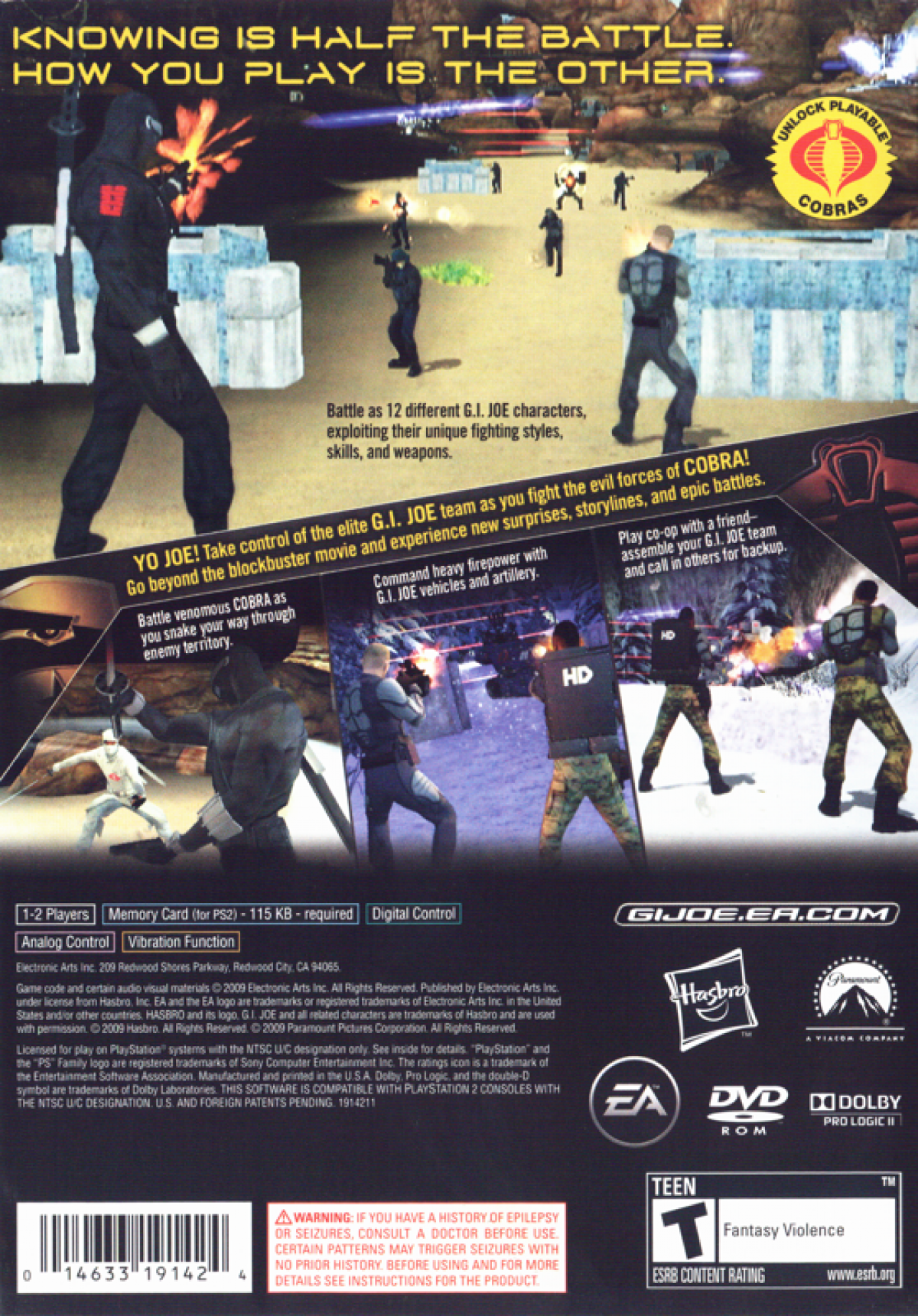 G.I. Joe: The Rise of Cobra back of case for PlayStation 2 (PS2) military-themed third-person action video game based on the film