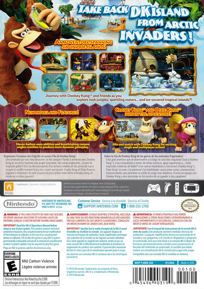 Donkey Kong Country Tropical Freeze video game featuring classic side scrolling platformer gameplay vibrant HD visuals challenging levels cooperative multiplayer and iconic Nintendo jungle adventure starring Donkey Kong back cover