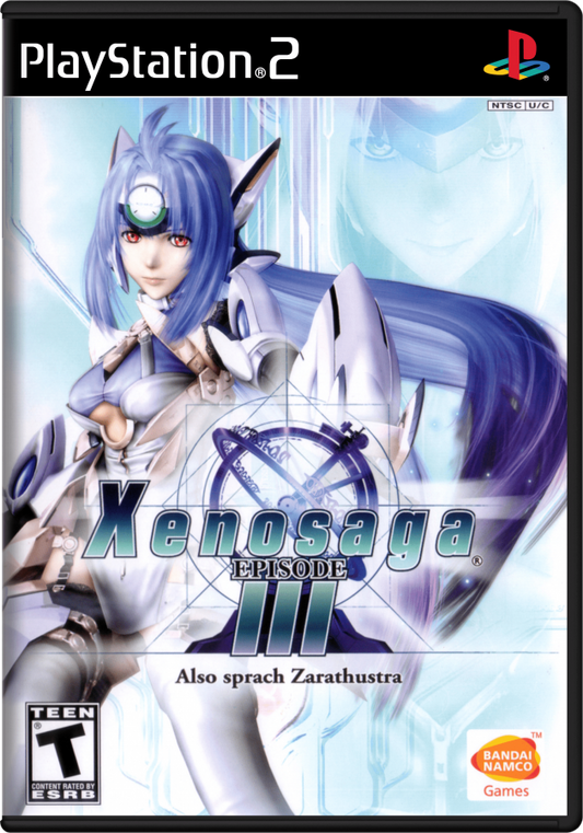 Xenosaga Episode III Also sprach Zarathustra game for the PlayStation 2 featuring turn based RPG gameplay with cinematic storytelling character driven narrative mech combat and a deep sci fi plot concluding the Xenosaga trilogy cover art 