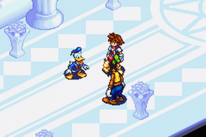 Kingdom Hearts Chain of Memories for Game Boy Advance, gameplay for an action role-playing video game with card-based combat, real-time battles, character progression, and Disney-inspired storyline