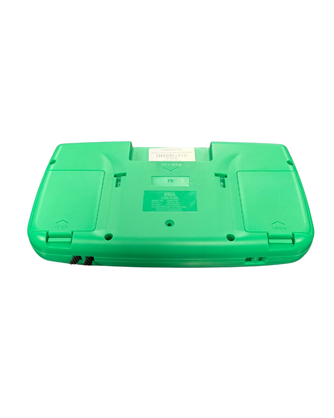 Rear view of a custom Sega Game Gear handheld console with green shell and IPS backlit screen