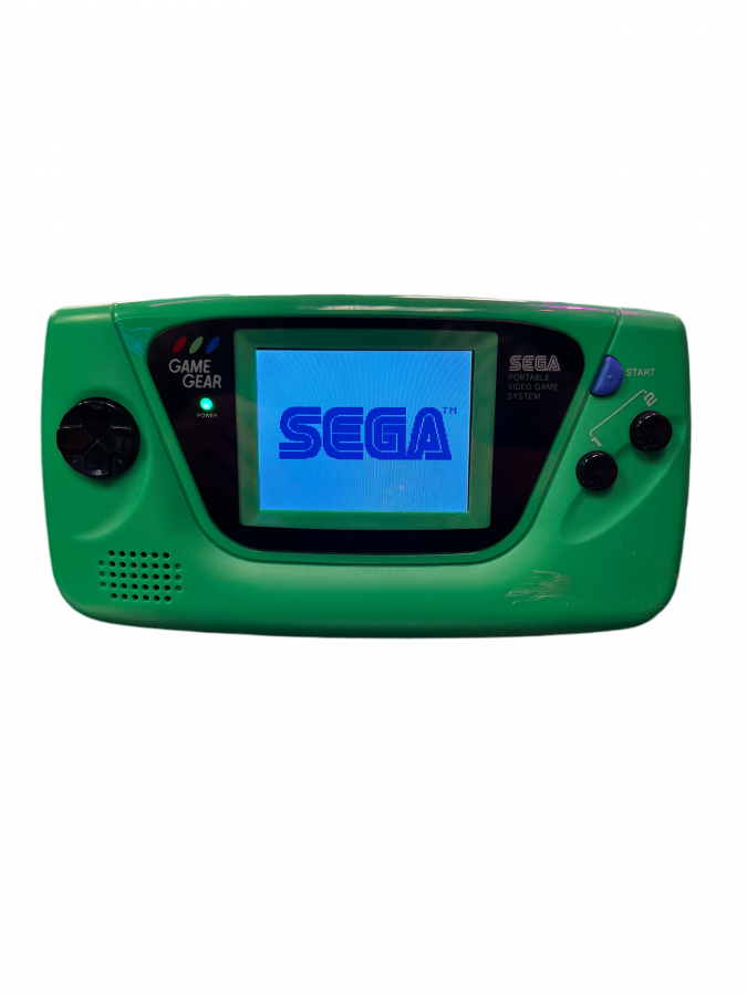 Front view of a custom Sega Game Gear handheld console with green shell and IPS backlit screen displaying the Sega logo