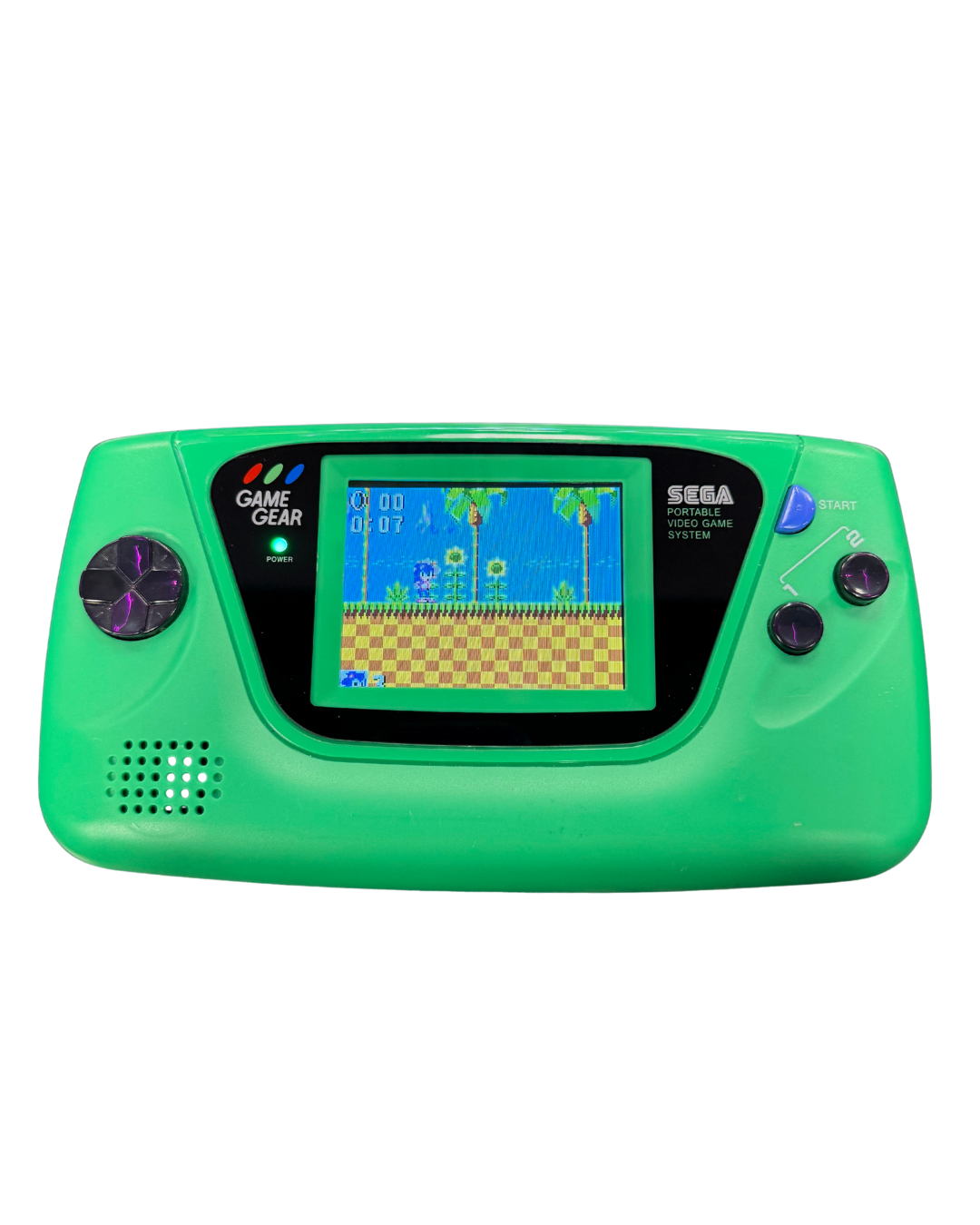 Front view of a custom Sega Game Gear handheld console with green shell and IPS backlit screen showing Sonic the Hedgehog gameplay