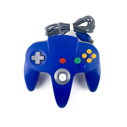Top view of the blue Nintendo 64 controller, showing joystick, D-pad, action buttons, and ergonomic design for comfortable gameplay