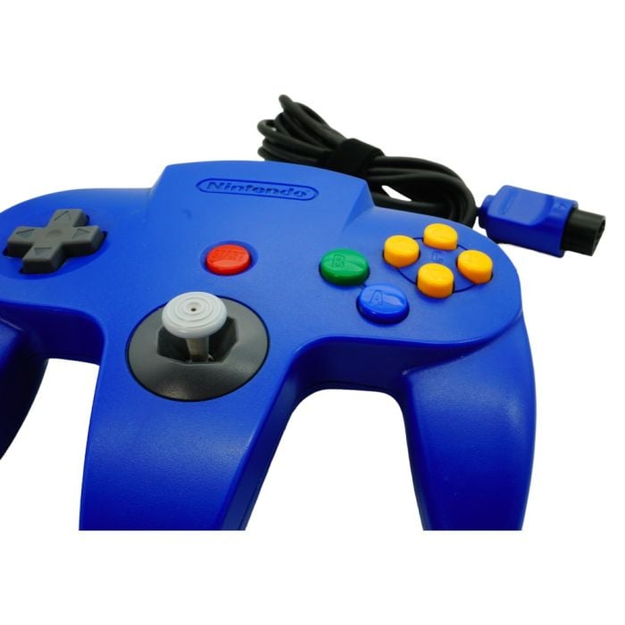 Top view of the blue Nintendo 64 controller, showing joystick, D-pad, action buttons, and ergonomic design for comfortable gameplay